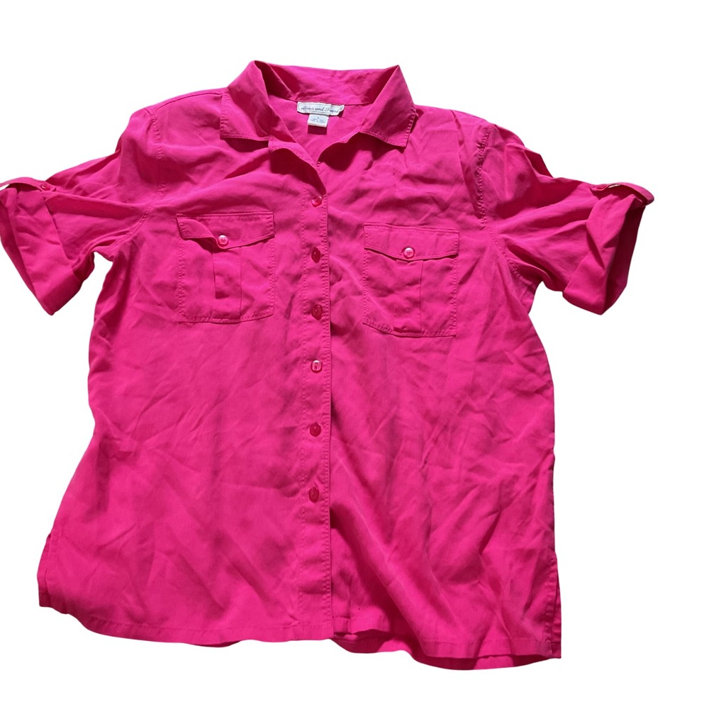 Anna and Frank Hot Pink 100% Silk Short Sleeve Button Down Shirt‎ Top Size L